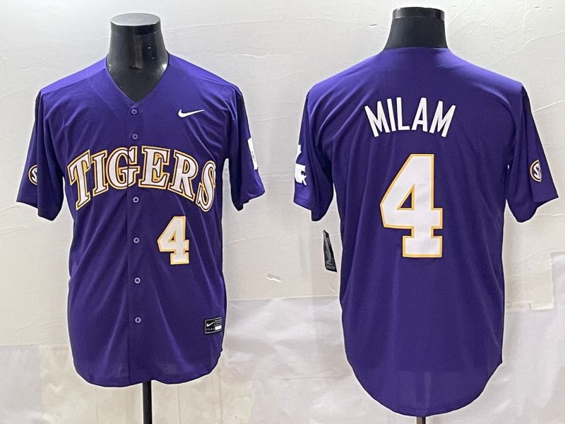 Men 2025 LSU Tigers #4 Milam Purple Joint Name Nike NCAA Jersey style 5